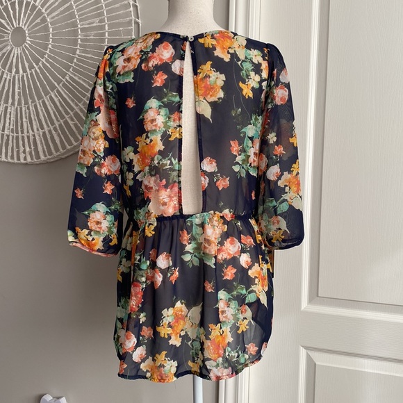 Charming Charlie - Navy & Floral Sheer Babydoll Top w/Open Back - Picture 3 of 8